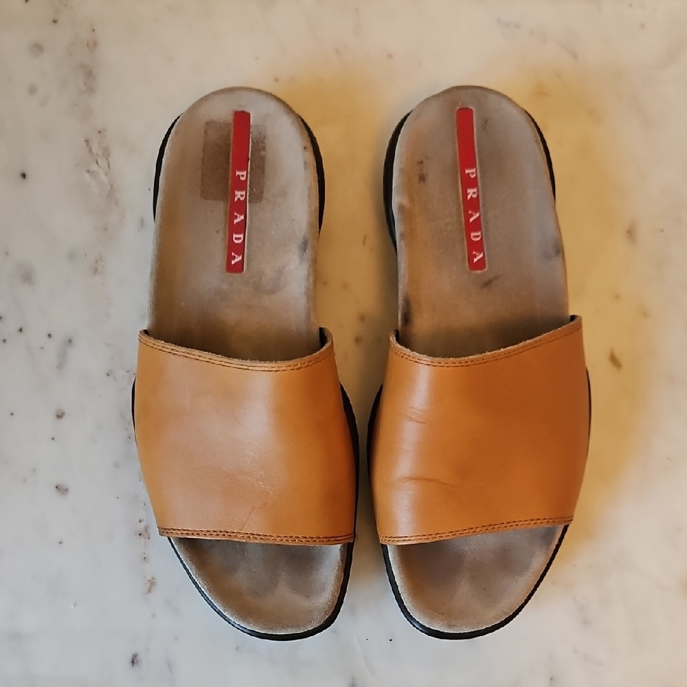 PRADA: Tan Leather Sandals